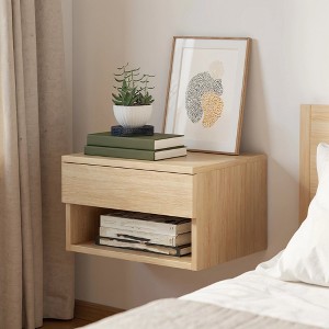 Oak Floating Bedside Table with Drawer, Wall Mount Nightstand, 15.7" Wide Modern Bedside Organizer - 1 of 4