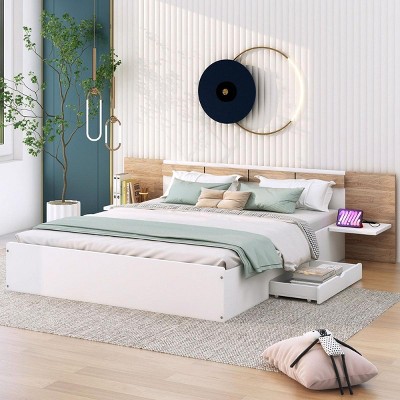 Streamdale Queen Size Platform Bed with Headboard, Drawers, Shelves, USB Ports and Sockets, White