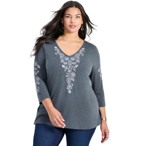 Avenue Women's Plus Size Casey Embellished Detail 3/4 Sleeve Top - image 1 of 4