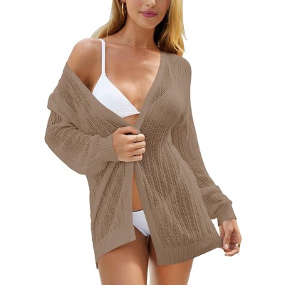Womens Crochet Knit Cardigan Open Front Longline Cardigan Ribbed Cuff Lace Cardigan