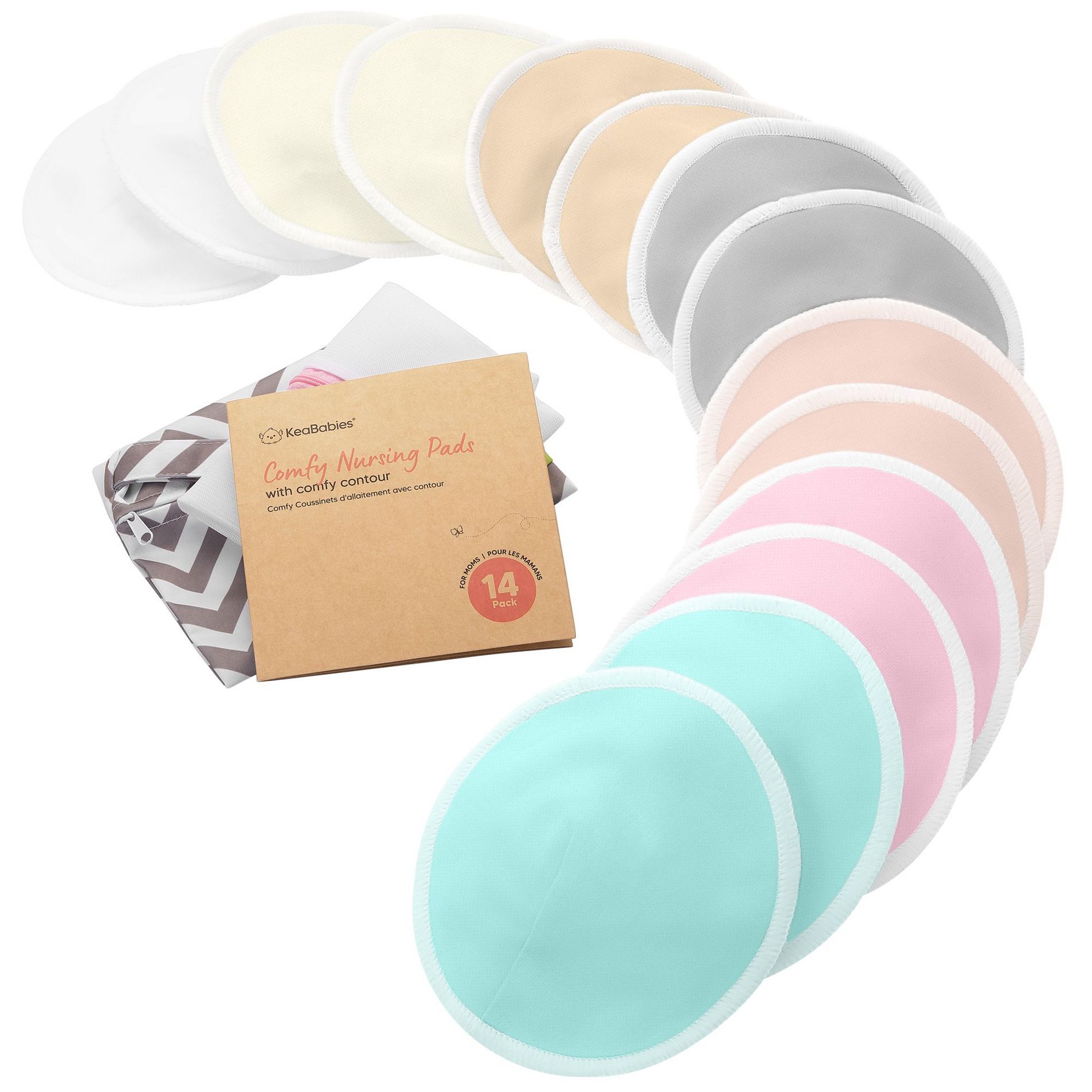 KeaBabies 14pk Washable Nursing Pads, Organic Reusable Breast Pads for Breastfeeding, Nipple Pads, Breastfeeding Essentials (Pastel Touch, Large 4.8")