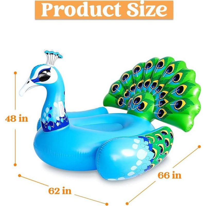 Sloosh 66'' Inflatable Peacock Pool Float, Giant Green Peacock Ride on Raft for Swimming Pool Adults Kids Water Fun, Beach Floaties, Party Decoration, 5 of 9