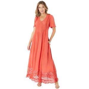 Roaman's Women's Plus Size Lace-Panelled Crinkle Boho Dress - 1 of 4