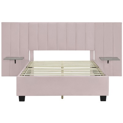 HomeRoots Pink Tufted Velvet Upholstered Lighted Full Bed Frame