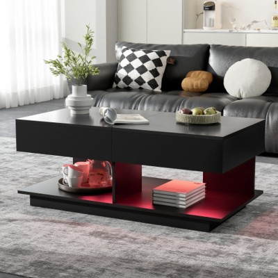 Modern Coffee Table with LED Lights and Hidden Storage Space,High-Gloss Finish Center Table for Living Rooms and Small Spaces-Maison Boucle