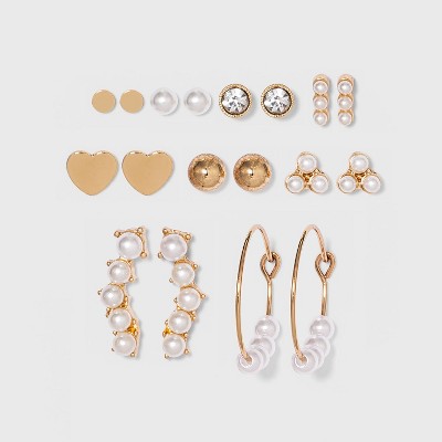 Heart and Simulated Pearl Multi Stud Earring Set 9pc - Wild Fable™ Gold