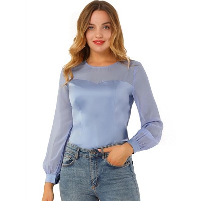 INSPIRE CHIC Women's Round Neck Lantern Long Sleeve Chiffon Satin Blouse