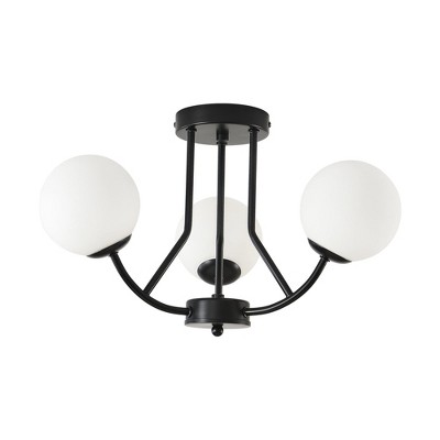 PAKOKULA 3-Light Matte Black Industrial Semi-Flush Mount Ceiling Light With Globe Frosted Glass Shade for Dinning Room Entryway