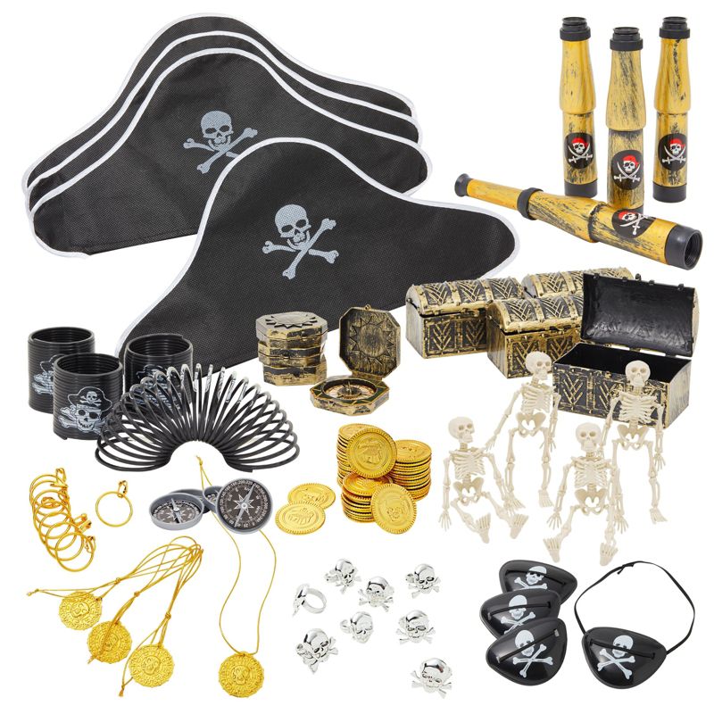 Juvale 100 Piece Set Pirate Birthday Party Supplies for Kids with Hat, Patch, Compass, and Coins, Toys and Accessories for Party Favors, 1 of 10