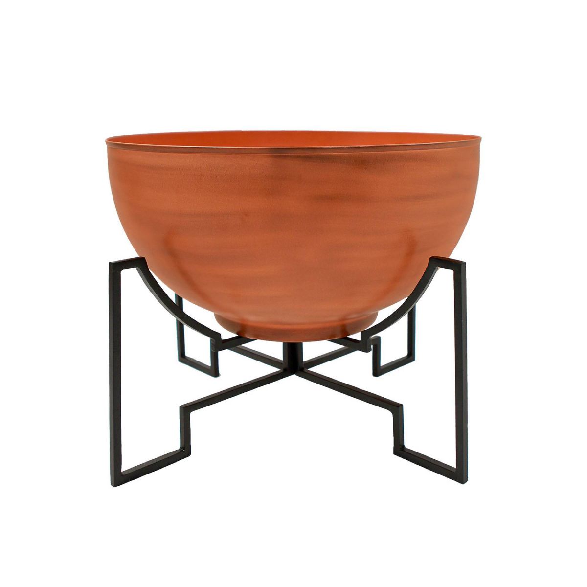 ACHLA Designs Galvanized Steel Planter Bowl with Black Wrought Iron Plant Stand Burnt