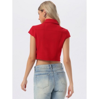 INSPIRE CHIC Women's Summer Denim Button Down Short Sleeve Cropped Jean Jackets Medium Red — фото 4