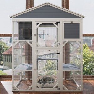 LAOTIES 71" Wooden Outdoor Catio,Large Cat Enclosure with Waterproof Roof,3 Platforms And 2 Cozy Napping Houses - 1 of 4