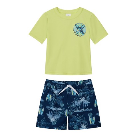 OshKosh B'gosh Little Boys' 2-Piece Short Sleeve Rashguard and Swim Trunks Set, Lime/Surf Life, 5/6