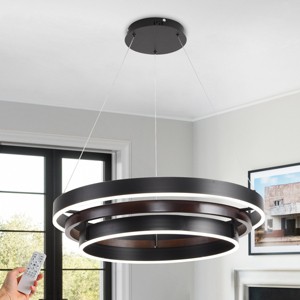 BAOURE Modern Wood LED Ring Chandelier,27" Dimmable Black 3 Ring Pendant Light for Dining Room Kitchen Island Entryway - 1 of 4