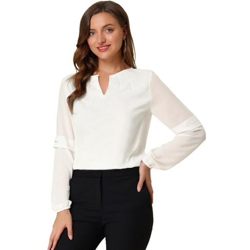 Unique Bargains Women's V Neck Shirred Bell Long Sleeve Casual Office Tops