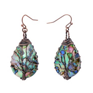 Handmade Abalone Shell Tree of Life Earrings - Teardrop Dangle Wire Crafted Jewelry for Women - 1 of 4