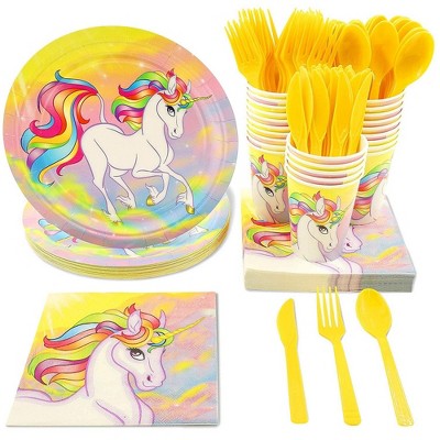 Juvale 288 Pieces Rainbow Unicorn Party Supplies- Disposable Plates, Napkins, Cups & Cutlery (48 Guests)