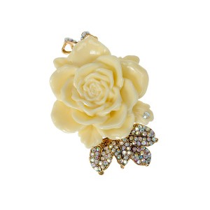 Anna-Kaci Enamel Cream Rose Flower Golden Tone Brooch Pin with Aurora Borealis Crystal Rhinestone Pendant - Yellow - 1 of 4