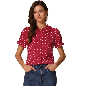 INSPIRE CHIC Women's Elegant Puff Sleeve Polka Dots Peter Pan Collar Vintage Shirt Top - 1 of 4