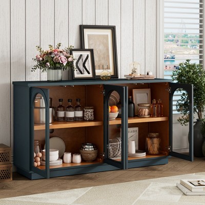 GlasFlength 4-Door Decorative Storage Cabinet with Glass Doors and Adjustable Shelves for Kitchens and Living Rooms, Blue, 57.7"*14.8"*31.9"