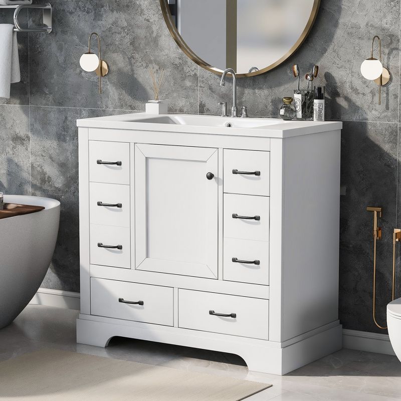 36" Bathroom Vanity with Ceramic Sink, 6 Drawers and Adjustable Shelves, White - ModernLuxe, 1 of 13