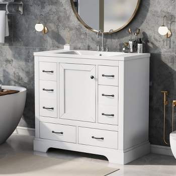 36" Bathroom Vanity with Ceramic Sink, 6 Drawers and Adjustable Shelves, White - ModernLuxe