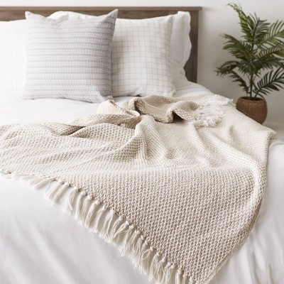 Stone Beige Cotton Woven Throw Blanket with Fringe