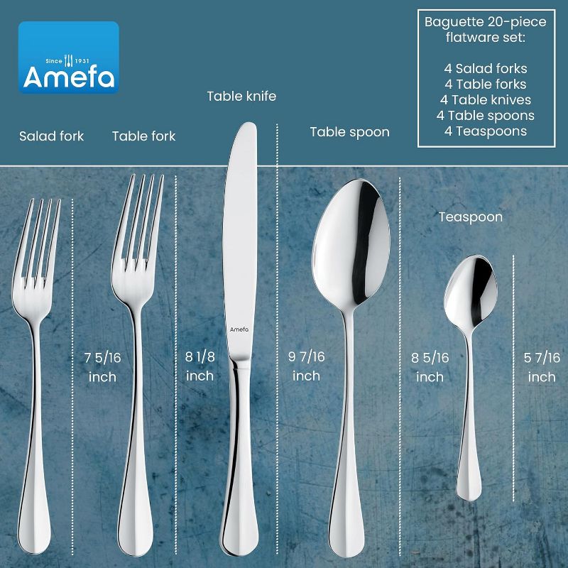 Amefa Baguette 20-Piece Premium 18/10 Stainless Steel Flatware Set, High Gloss Mirror Finish, Silverware Set Service for 4, Rust Resistant Cutlery, 2 of 8