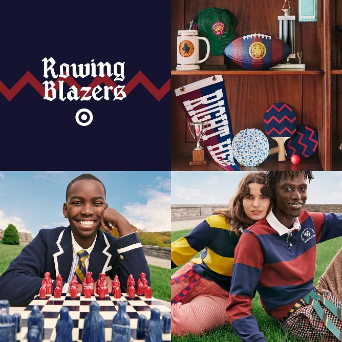 First image features a shelf with home and play items including small plate, ping pong paddles, logo stein, stripe football and graphic pennant.
Second image features collection chess board. Talent is wearing iconic navy blazer with white trim and striped tie.
Third image features flag football game flags and football. Talent is wearing bold striped Rugby shirts and trousers from the collection.