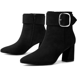 BLISSFUL STEP Square Buckle Chunky Heels Pointed Toe Ankle Booties for Women - 1 of 4