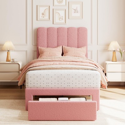 Coucheta Twin Bed Frame with Storage & Headboard, Velvet Upholstered (Color: Pink)