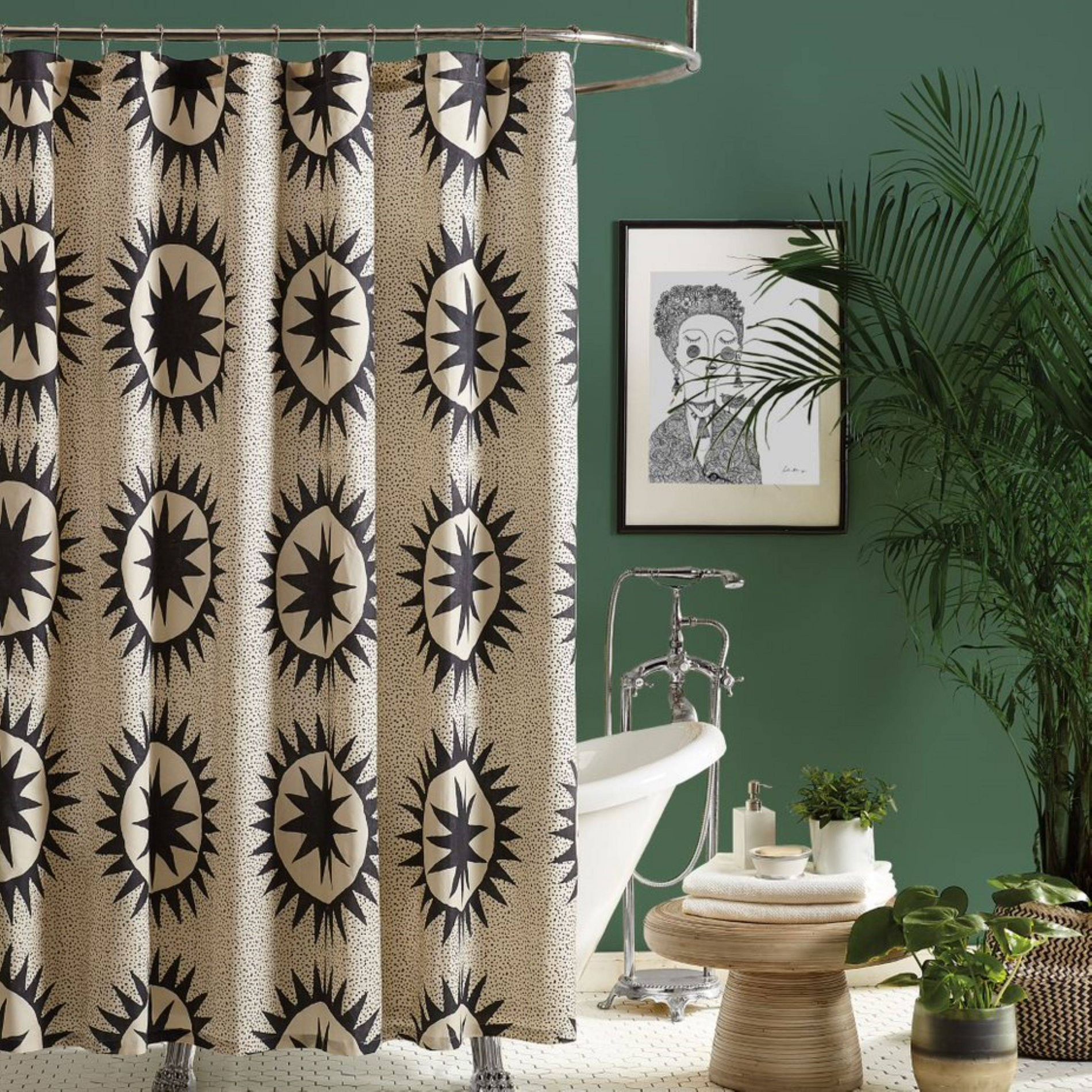Jungalow Soleil Shower Curtain Black/Ivory Cotton, Machine Washable, Buttonhole Top