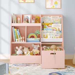 4 in 1 Kids Bookshelf and Toy Storage Organizer, 3-Tier Toy Organizers with Removable Toy Bin, Toddler Sling Bookshelf with Storage Cubbies - 1 of 4