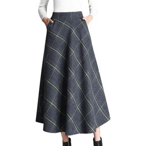 Women's Wool Plaid A-Line Skirt - Winter Warm Elastic Waist Pleated Long Skirt Blue Grey - 1 of 4