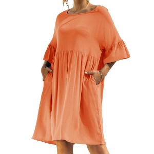 Anna-Kaci Women's Short Sleeve Loose Fit Midi Dress with Ruffle Detail and Side Pockets - 1 of 4