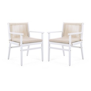 Outdoor Dining Chairs Set of 2, Acacia Wood Patio Armchair with Rope Design Back and Water Repellent Cushion, Light Brown, 400lbs Weight Capacity - 1 of 4