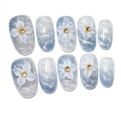 LOVELAY CREATIONS Blue-Silver 3D Rhinestone Press-On Nails, Short Oval