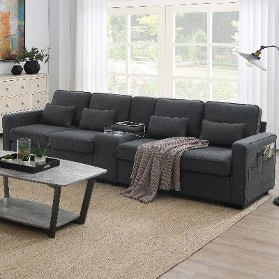 CAVINAS 114.2" Modern Sofa Couch, Linen Fabric Upholstered Sofa with Console, 2 Cupholders & 2 USB Ports Wired or Wirelessly Charged