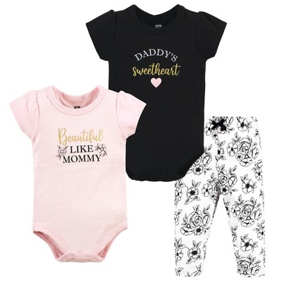 Image of Hudson Baby Infant Girls Cotton Bodysuit and Pant Set, Mom Dad Toile, 3-6 Months