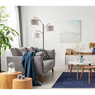 Adjustable Triple-Arm Arc Floor Lamp in Brushed Steel with Textured Shades