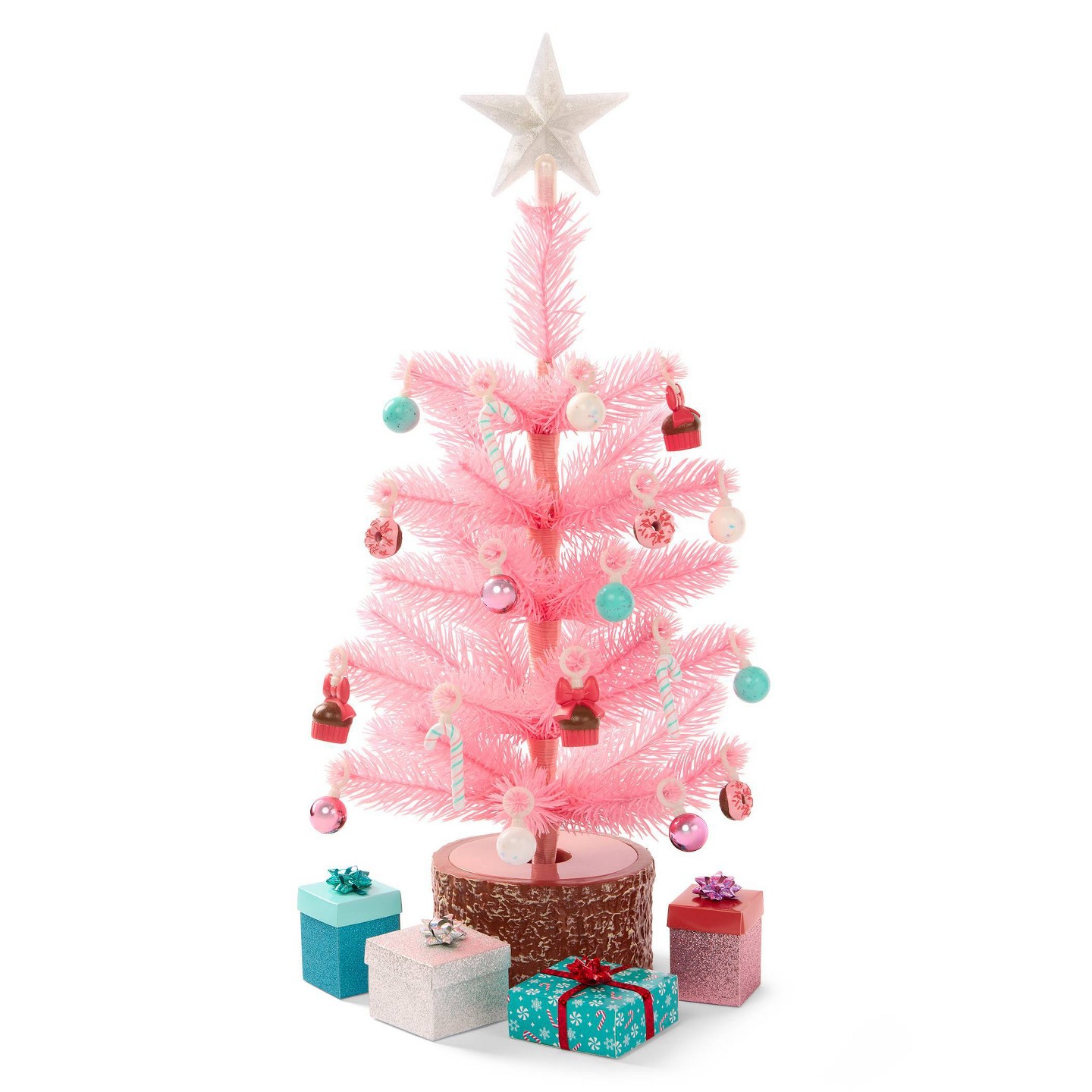 Аксессуары для кукол Our Generation Twinkling Treats Surprise Pink Holiday Christmas Tree with Ornaments and Mystery Box Accessories for 18" Dolls, цвет: Розовый — фото 1