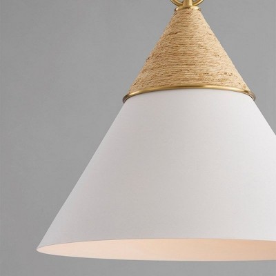 Aged Brass and White Cone Pendant Light with Rattan Accent