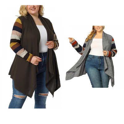 Agnes Orinda Women's Plus Size Open Front Long Sleeve Lightweight Stripe Long Cardigan 2 Pcs