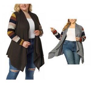 Agnes Orinda Women's Plus Size Open Front Long Sleeve Lightweight Stripe Long Cardigan 2 Pcs - 1 of 4