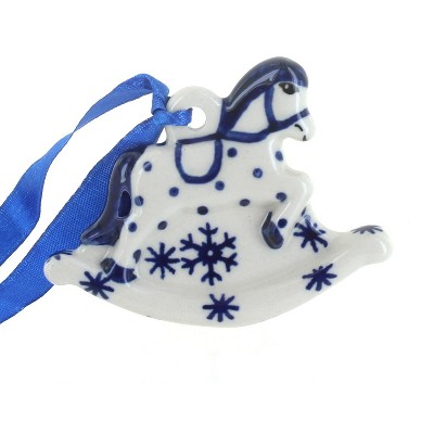 Blue Rose Polish Pottery Snow Flurry Rocking Horse Ornament