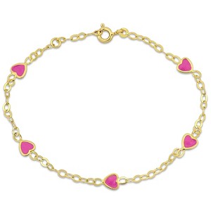 EVERLY JEWELRY | 14K Yellow Gold Pink Enamel Heart Charm Link Chain Station Bracelet, 7 inch - 1 of 4