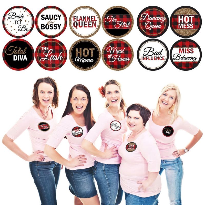 Big Dot of Happiness Flannel Fling Before the Ring - Buffalo Plaid Bachelorette Party Badges Sticker Set of 12, 1 of 7