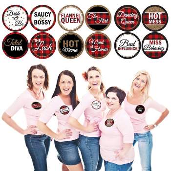 Big Dot of Happiness Flannel Fling Before the Ring - Buffalo Plaid Bachelorette Party Badges Sticker Set of 12