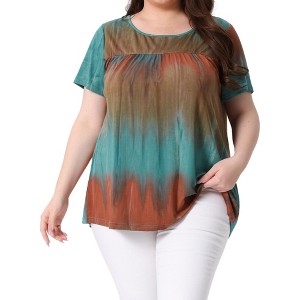 Agnes Orinda Women's Plus Size Tie Dye Short Sleeve Casual Round Neck Pleated Summer Blouse - 1 of 4