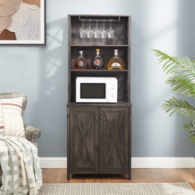 Kitchen Storage Cabinet, Buffet Cabinet With Stemware Hanger, Open Shelves, Doors Microwave Stand Storage Cabinet, Free Standing Coffee Bar Station